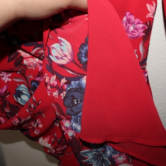 BERSHKA Red Floral Print Wrap Long Sleeve Mini Dress - Size Small - Picture 7 of 8